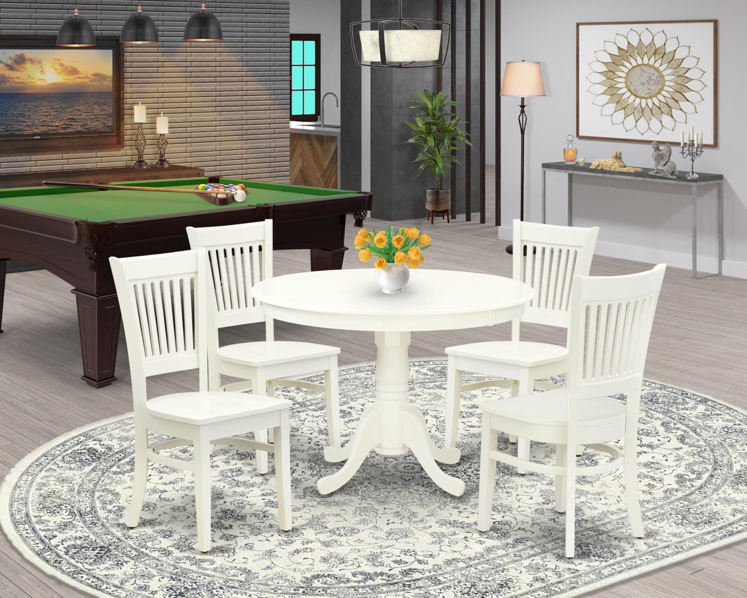 East West Furniture Hlva5-Lwh-W 5 Piece Dining Room Furniture Set Includes A Round Kitchen Table With Pedestal And 4 Dining Chairs, 42X42 Inch, Linen White